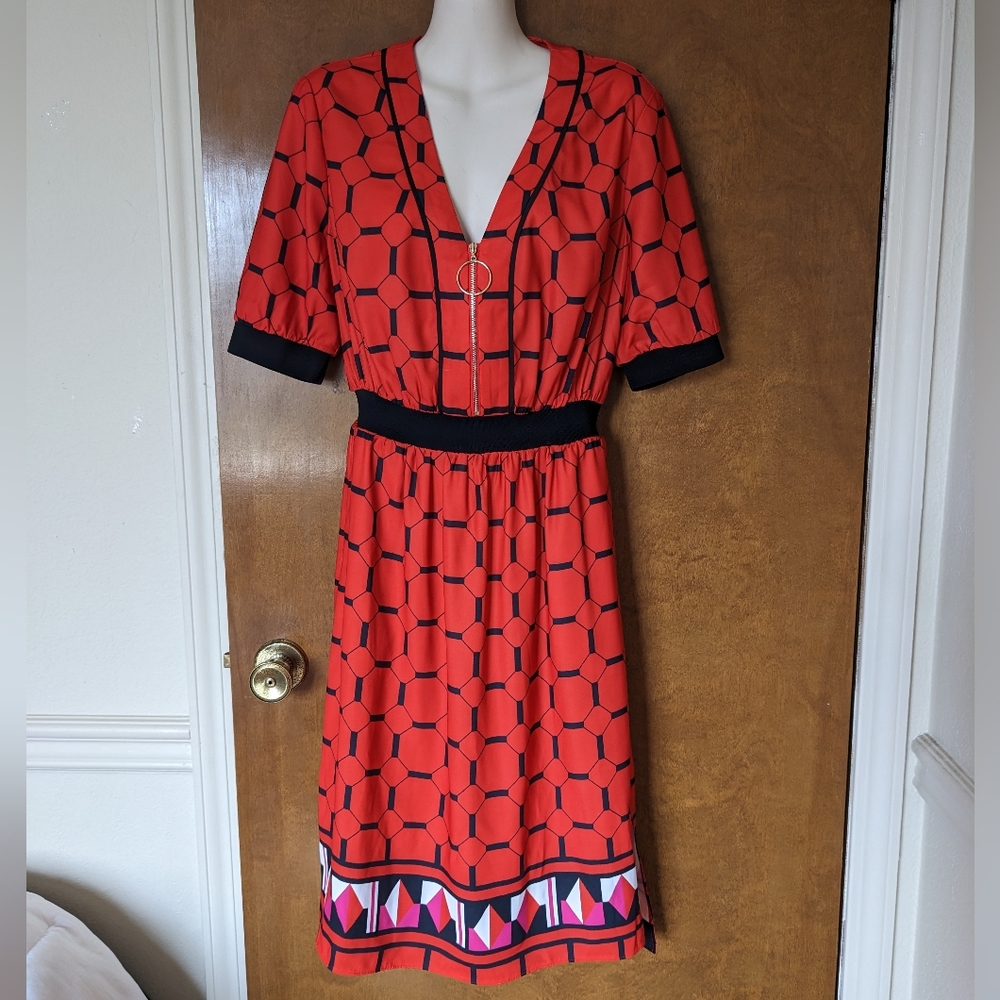 Ted Baker Valent Geometric Print Red Black Zip Front Dress